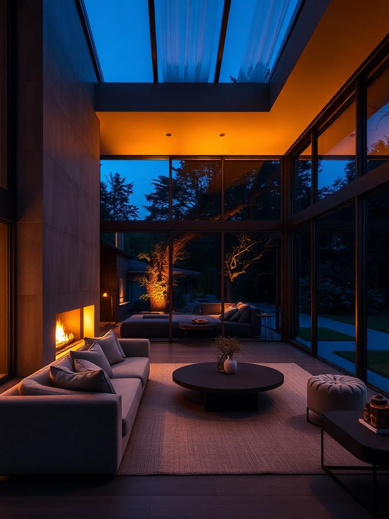 Modern luxury living room at twilight with warm interior glow.